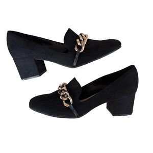 Nine West Black Suede Block Heel Loafers with Gold Chain- 8 1/2